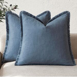 Set of 2 Decorative Linen Fringe Throw Pillow Covers 24x24 Dark Blue